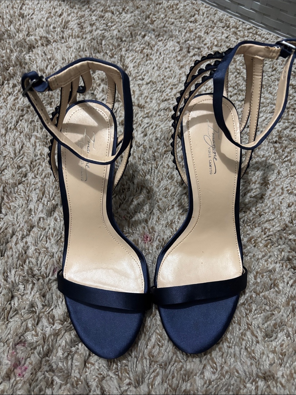 Vince Camuto Navy Satin Strappy Ankle-Heel Sandals
